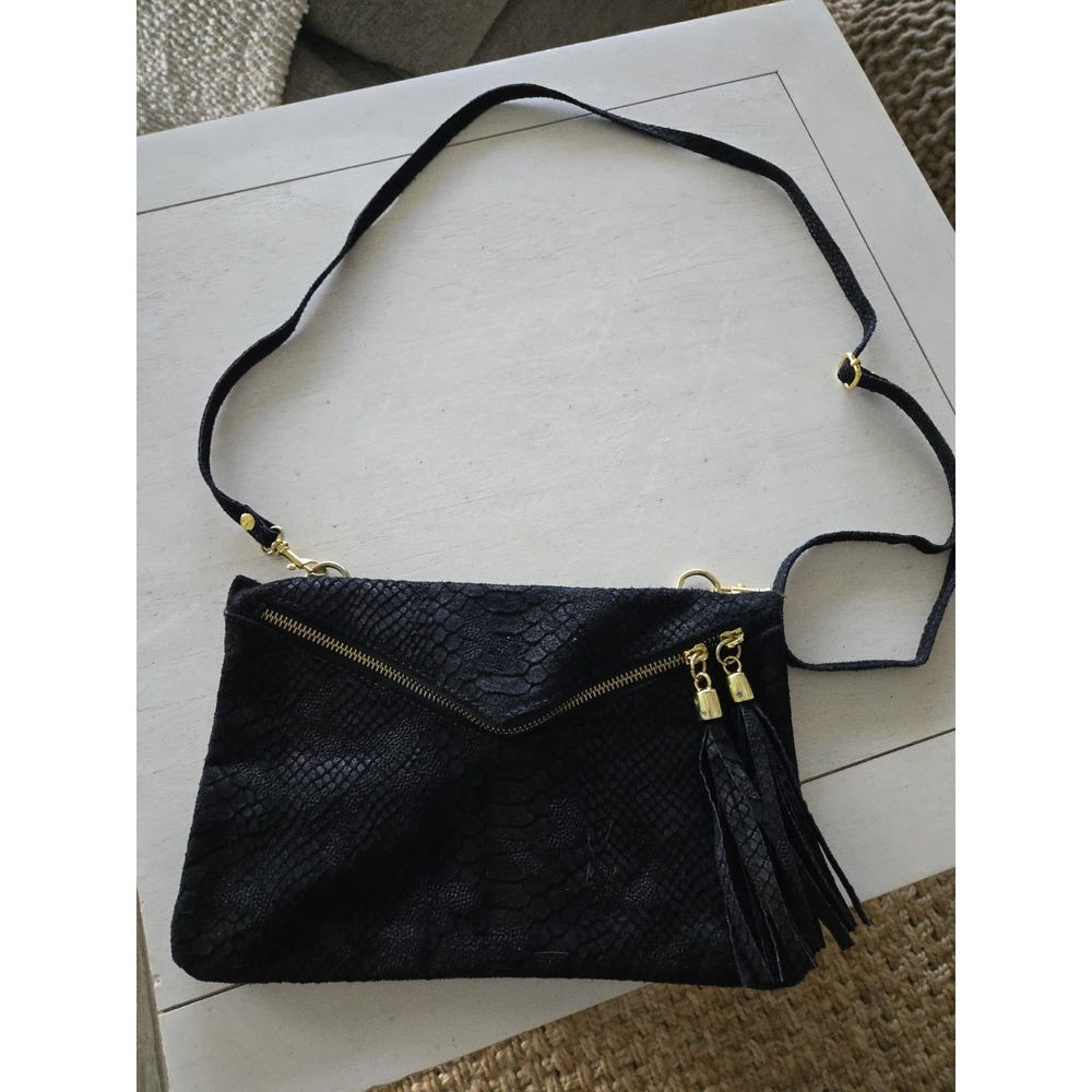 Women`s Italian Bag Suede Leather Evening Clutch Bag  Crossbody Tassels Embossed
